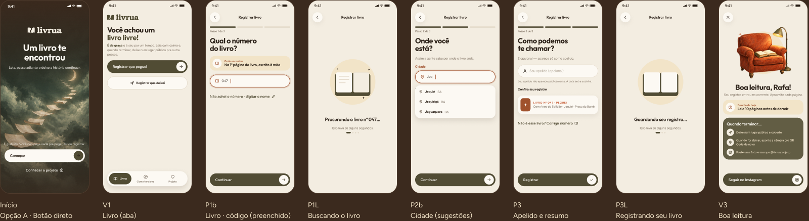 Oito telas do app em alta fidelidade: abertura, livro, número preenchido, buscando o livro, cidade com sugestões, apelido e resumo, registrando e boa leitura.