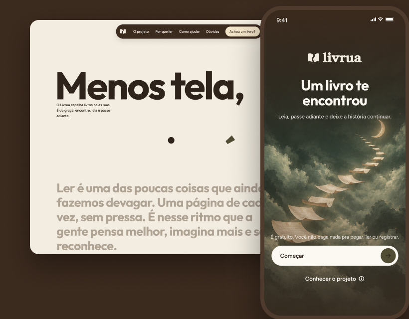 O site do Livrua no computador e a tela de abertura do app no celular, com o título Um livro te encontrou.