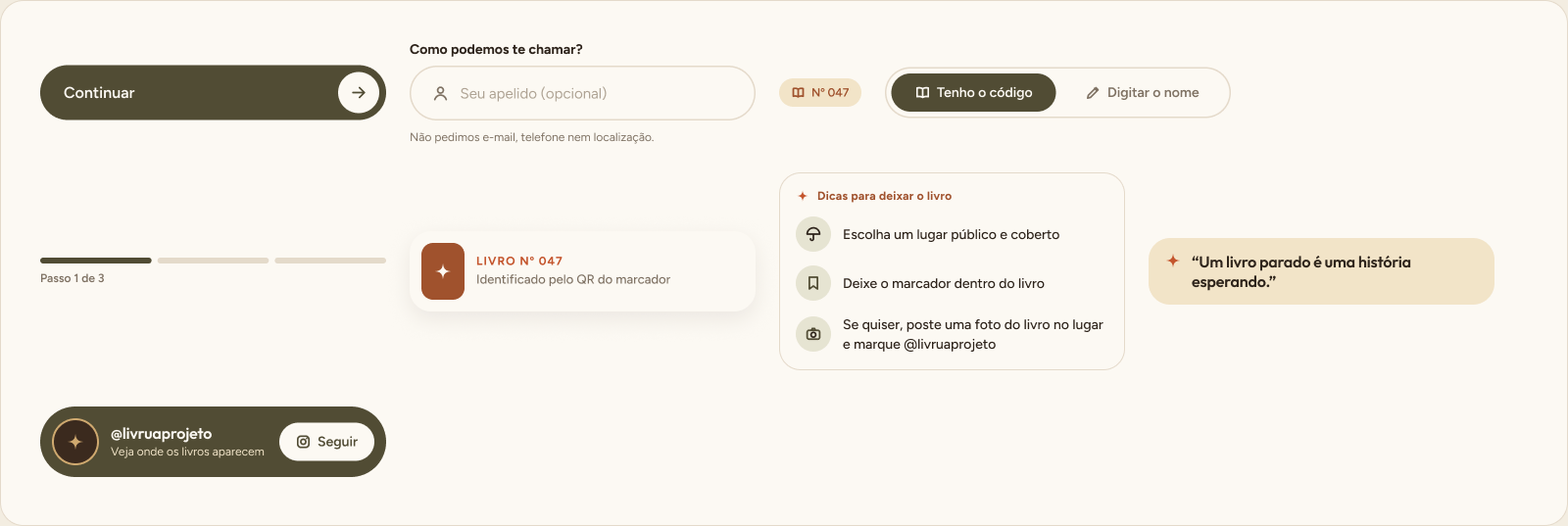 Componentes do design system: botão, campo de texto, chip, controle segmentado, progresso, card do livro, card de dicas, citação, card do Instagram.