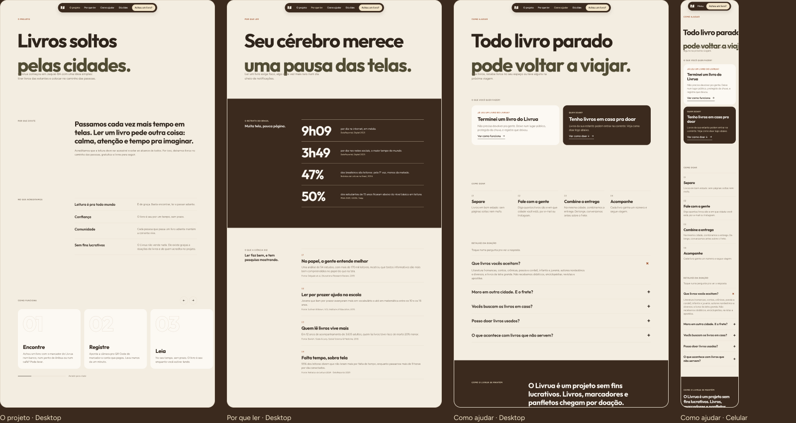 Páginas O projeto, Por que ler e Como ajudar no desktop, e Como ajudar no celular.